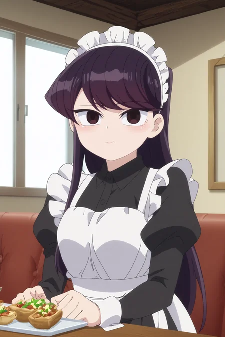 komi shouko,1girl,solo,long hair,looking at viewer,maid headdress,apron,maid,,black hair,bangs,light smile BREAK indoors,restaurant, Resting chin on hand with a flirty gaze, <lora:Komi_Shouko_-_Komi-san_wa_Komyushou_Desu.safetensors:0.8> <lora:detailed_backgrounds_v2.safetensors:0.8>