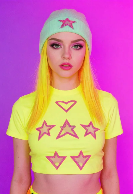 fire, teeth, star (symbol), spoken heart,
full torso photo of a cute girl, solo, small neon color beads in hair, colorful hair accessories, confident pose, layered neon color streetwear outfit, (crop top tshirt:1.2), neon color hairstyle, high-fashion portrait, avant-garde look, 1girl, very pale skin, platinum blonde hair, asymmetrical haircut, dramatic bangs obscuring eyes, edgy beauty, slender petite build, long straight (neon color hair), black eyeliner, heavy mascara, bold neon color lips, (neon color beanie), mysterious aesthetic,
fashion editorial lighting, vibrant tone lighting, fashion photography style, edgy aesthetic, modern alt look, high detail, cinematic sharpness,
solid neon color background,
high detail, high resolution, high-resolution fashion editorial, expressive lighting, vibrant colors, creative composition
<lora:dmd2-sdxl-4step:1> <lora:sm0k-000006:1> <lora:neoncolors2:0.6>