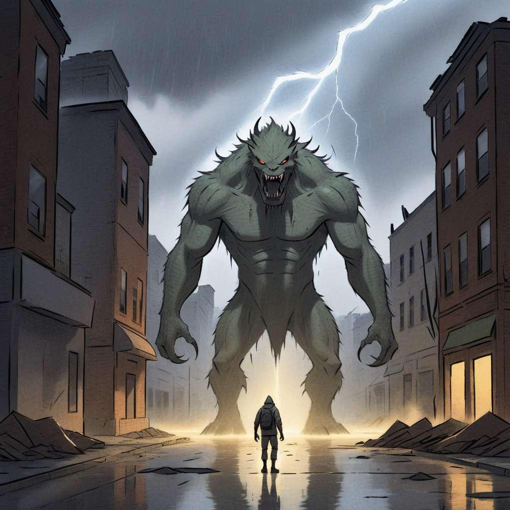illustration, backlit, light from under, detailed monster creature in the street, destroyed buildings, thunder rain <lora:AQUAinked_XL:1>