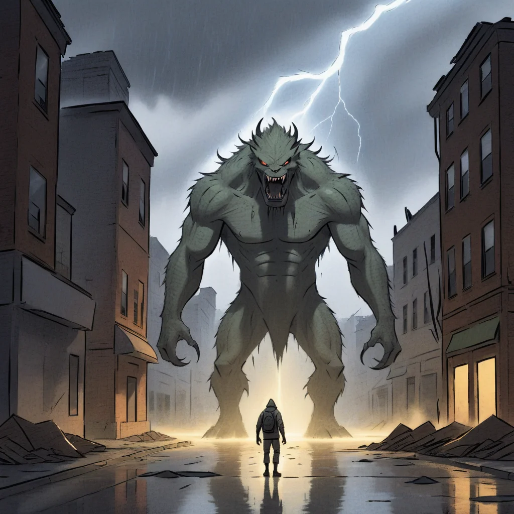 illustration, backlit, light from under, detailed monster creature in the street, destroyed buildings, thunder rain <lora:AQUAinked_XL:1>