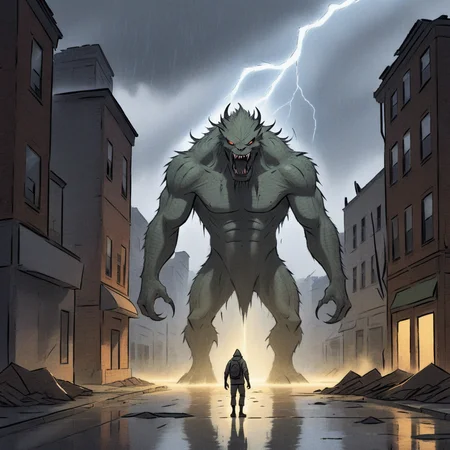 illustration, backlit, light from under, detailed monster creature in the street, destroyed buildings, thunder rain <lora:AQUAinked_XL:1>
