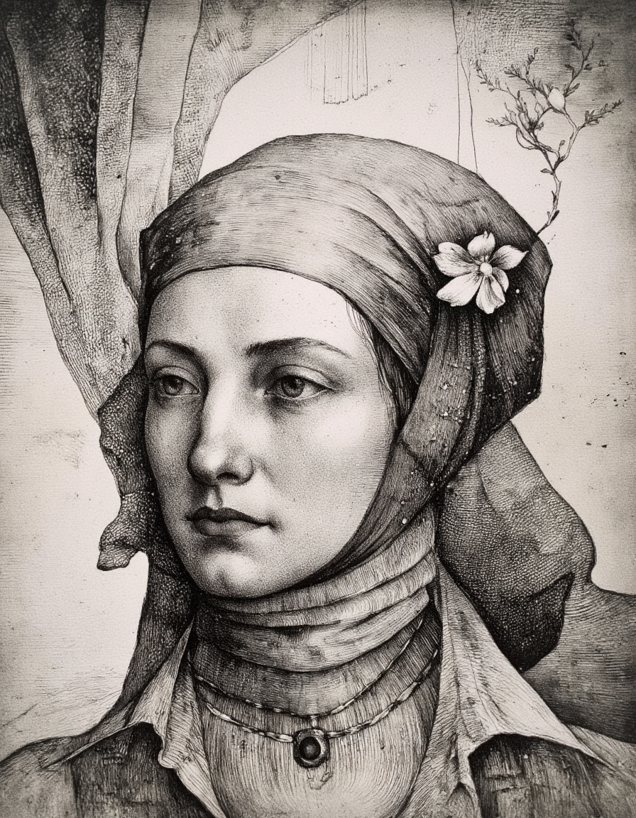 Art by Marina Richterova. A black and white, engraving from a portrait camera angle, about a portrait of a woman wearing a headscarf with a flower in her hair, from a profile camera angle. the image is a close-up, focusing on the subject's face and upper body. the subject, a woman, appears to be in her early twenties, with a serious expression and parted lips. she is facing the viewer, looking slightly to the side, with her eyes looking straight into the distance. her hair is styled in a long, wavy manner, and she has a small, delicate flower tucked into her head. her facial features are detailed and her expression is serene. the background is a plain, textured surface with a subtle gradient of light to dark tones, adding to the overall sense of depth and dimensionality of the image.