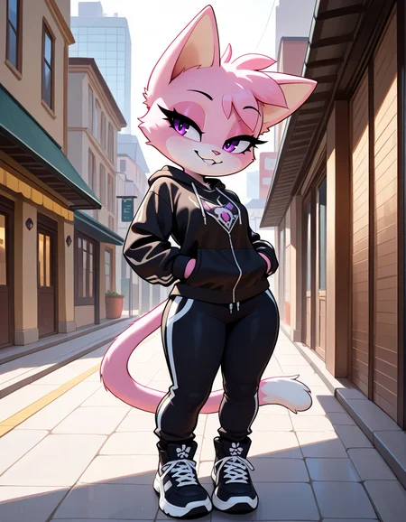 masterpiece, best quality, very aesthetic, absurdres,
outdoors, streetwear, 
full body, standing, posing,
seductive smile, parted lips, long eyelashes,
 <lora:Jana_v01_NAIXL:1>
J4n4,1girl,solo,furry,furry female,cat girl,cat ears,purple eyes,animal nose,body fur,two-tone fur,pink fur,white fur,cat tail,