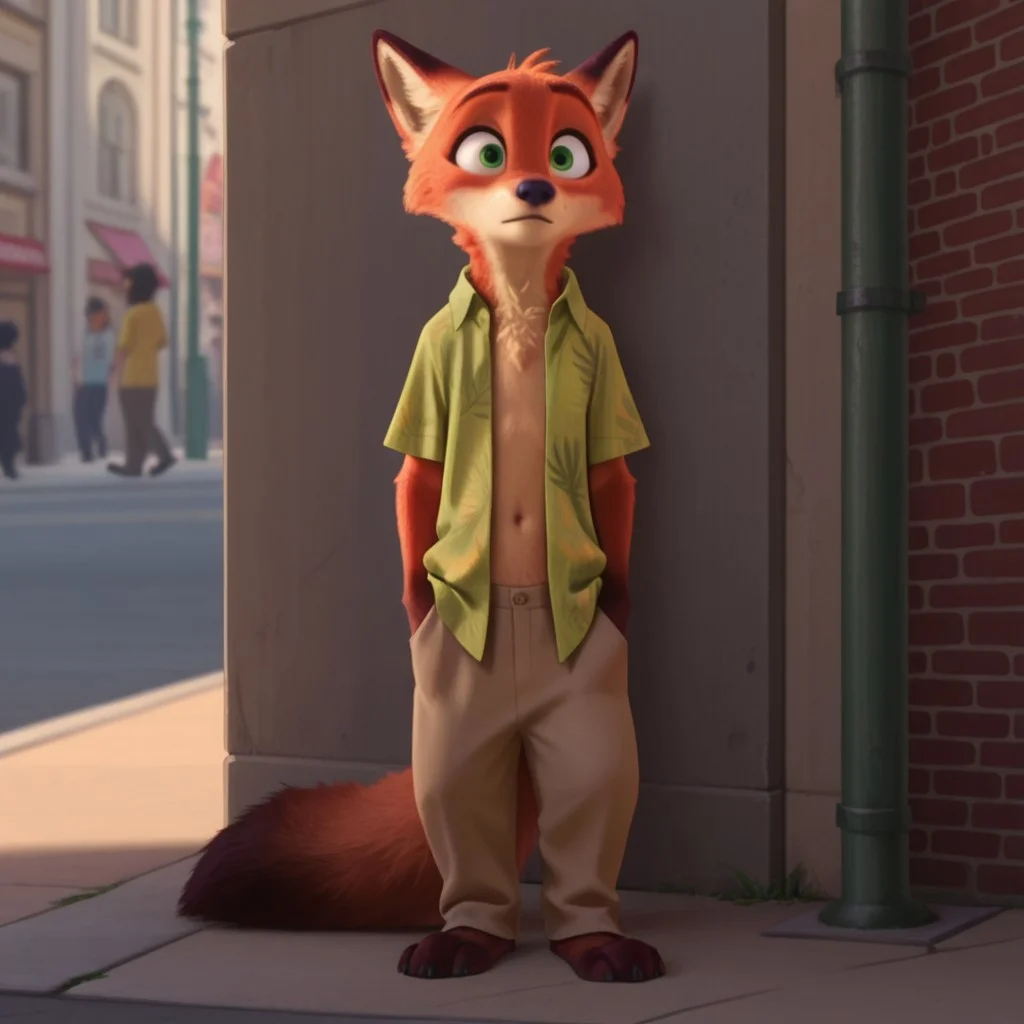 masterpiece, best quality, amazing quality, WildeNickztIL, anthro, male, fox, orange fur, green eyes, green Hawaiian shirt, khaki pants, standing, street corner, full body, open shirt