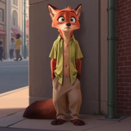 masterpiece, best quality, amazing quality, WildeNickztIL, anthro, male, fox, orange fur, green eyes, green Hawaiian shirt, khaki pants, standing, street corner, full body, open shirt