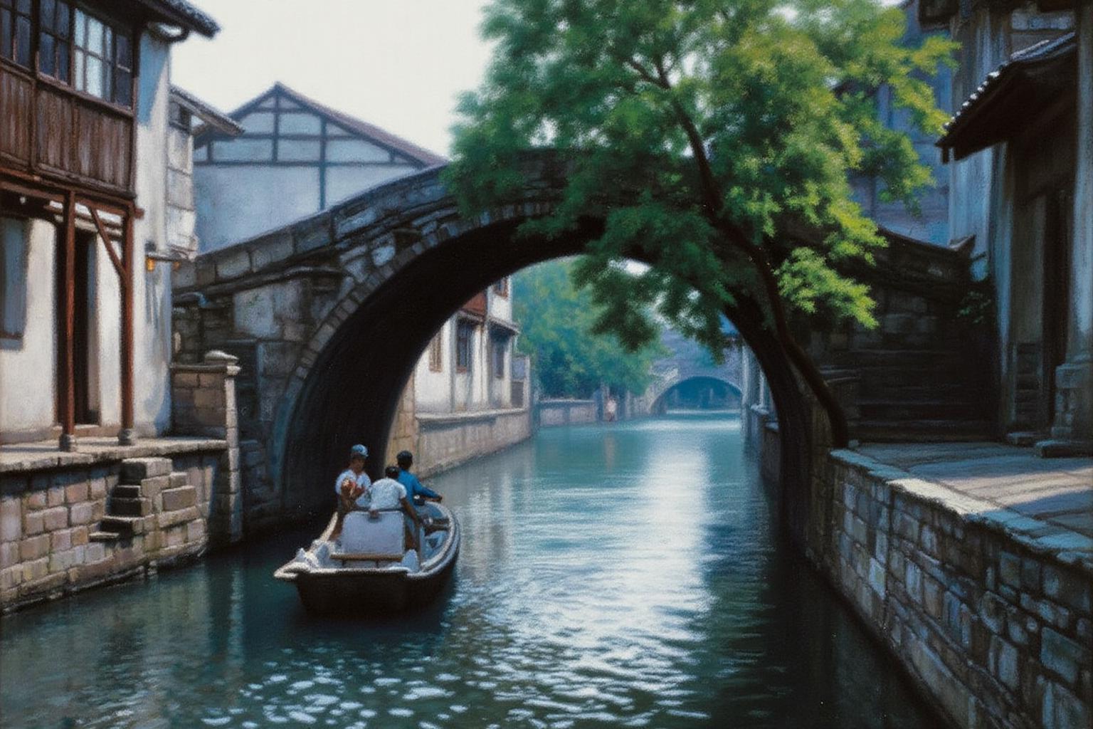 chenyifei2 painting.
A serene canal scene in a traditional village in Southern China. A narrow, winding waterway is shaded by a lush, vibrant green tree on the right side, creating a canopy over part of the scene. In the foreground, a small, flat-bottomed boat glides gently along the water.
 <lora:chenyifei2_cap_d6a3:1.0><lora:839838931840313882:0>