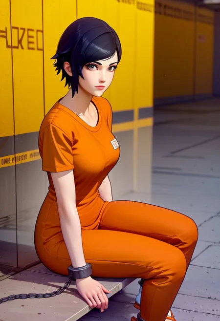 Score_9, score_8_up, score_7_up, anime style, 3D, ultra detailed, prison courtyard background, Excellent quality, high resolution, cowboy shot,, 1woman, solo, yokosmtvv, short hair, black hair, inverted swept bangs, hud_scrbs, short sleeves, shirt, pants, pocket, orange shirt, orange pants, in a prison courtyard, matted hair, orange flip flops, white socks, handcuffed, ankle cuffs, seiza sitting, view from slightly above, closeup, looking at viewer