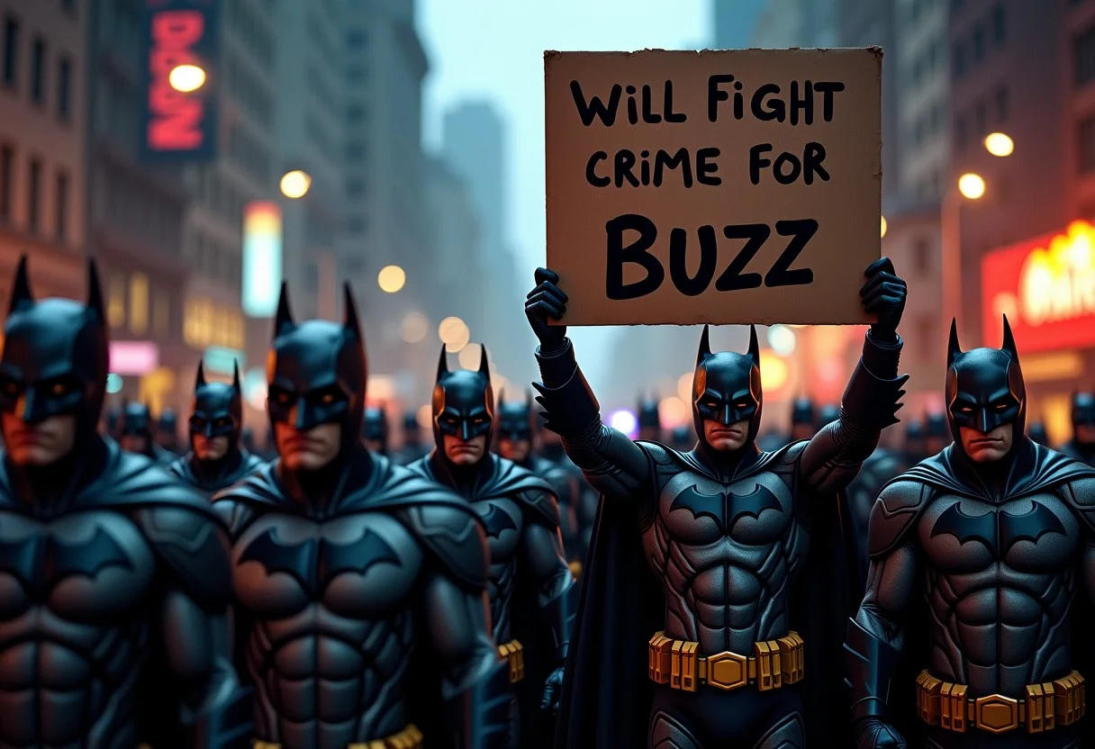 high quality, A group of Batmans protesting on a dark street, Holding Up a sign with the words "will fight crime for Buzz", beautiful masterpiece, wallpaper art, dark and brooding, full batman suits, best, dynamic composition, magnificent, intense, perfect background, war, fighting, fire in distance, angry, somber, tall city background, police car, slight rain,