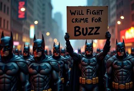 high quality, A group of Batmans protesting on a dark street, Holding Up a sign with the words "will fight crime for Buzz", beautiful masterpiece, wallpaper art, dark and brooding, full batman suits, best, dynamic composition, magnificent, intense, perfect background, war, fighting, fire in distance, angry, somber, tall city background, police car, slight rain,