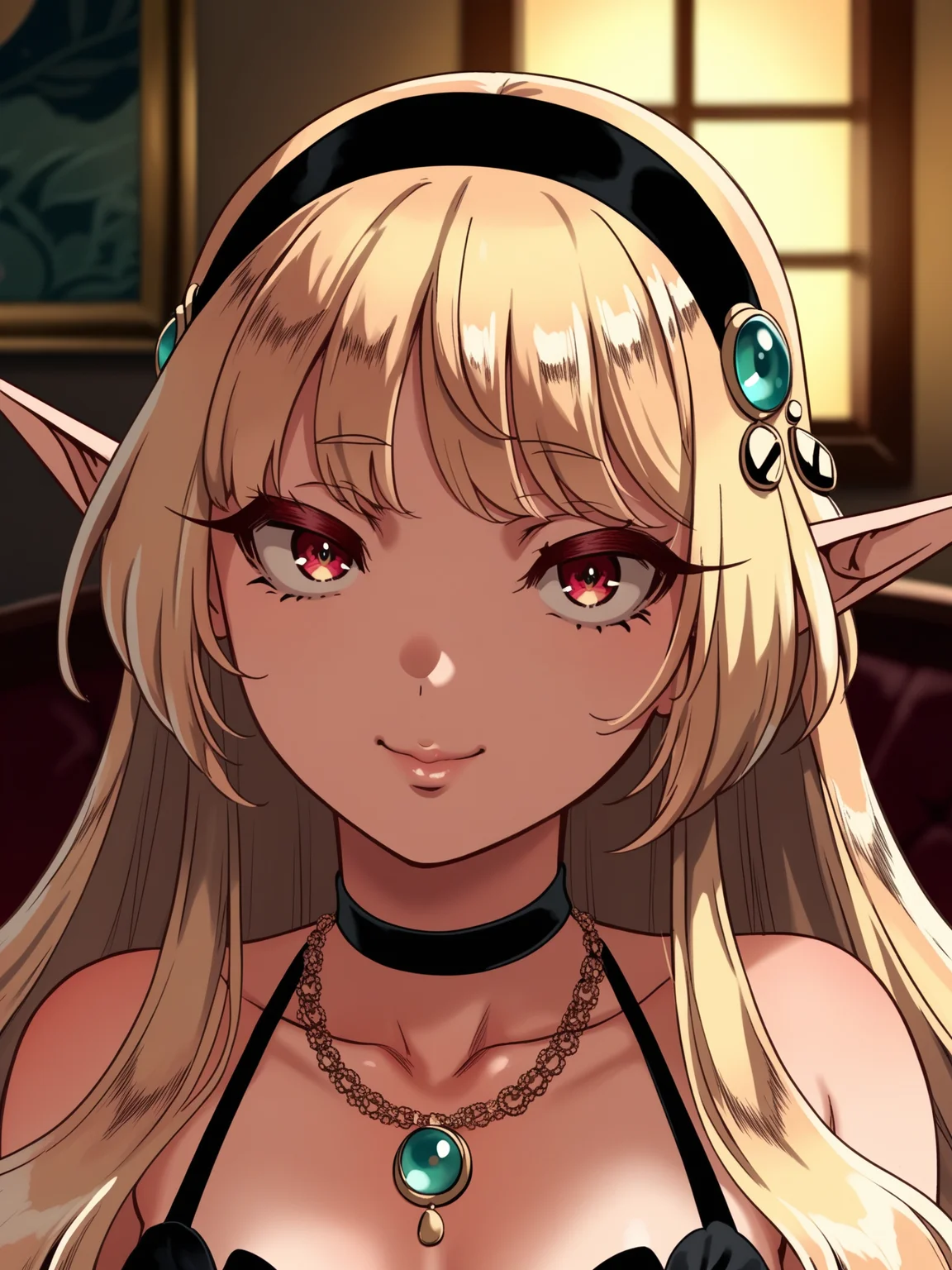 <lora:happy_tentacle-fritillaria-v0.2-000030:0.9>, ht_fritillaria, hairband, choker, jewelry, necklace, evening gown, indoors , 1girl, solo, upper body , wide-eyed , ( seductive smile :1.1), , looking up , standing , facing viewer , score_9, score_8_up, score_7_up, score_6_up, score_5_up, score_4_up