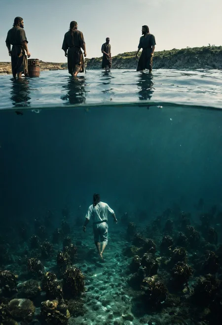 Split Diopter style, Capture the miraculous moment: Jesus walks on water, with disciples beneath the surface supporting his steps. Show the profound faith and unity between teacher and followers, as they navigate the depths of belief and the surface of the unknown., deep blacks, high contrast,
atmospheric haze, Film grain, cinematic film still, shallow depth of field, highly detailed, moody, epic, OverallDetail, 2000s vintage RAW photo, photorealistic, candid camera, color graded cinematic, atmospheric lighting, imperfections, natural, shallow dof