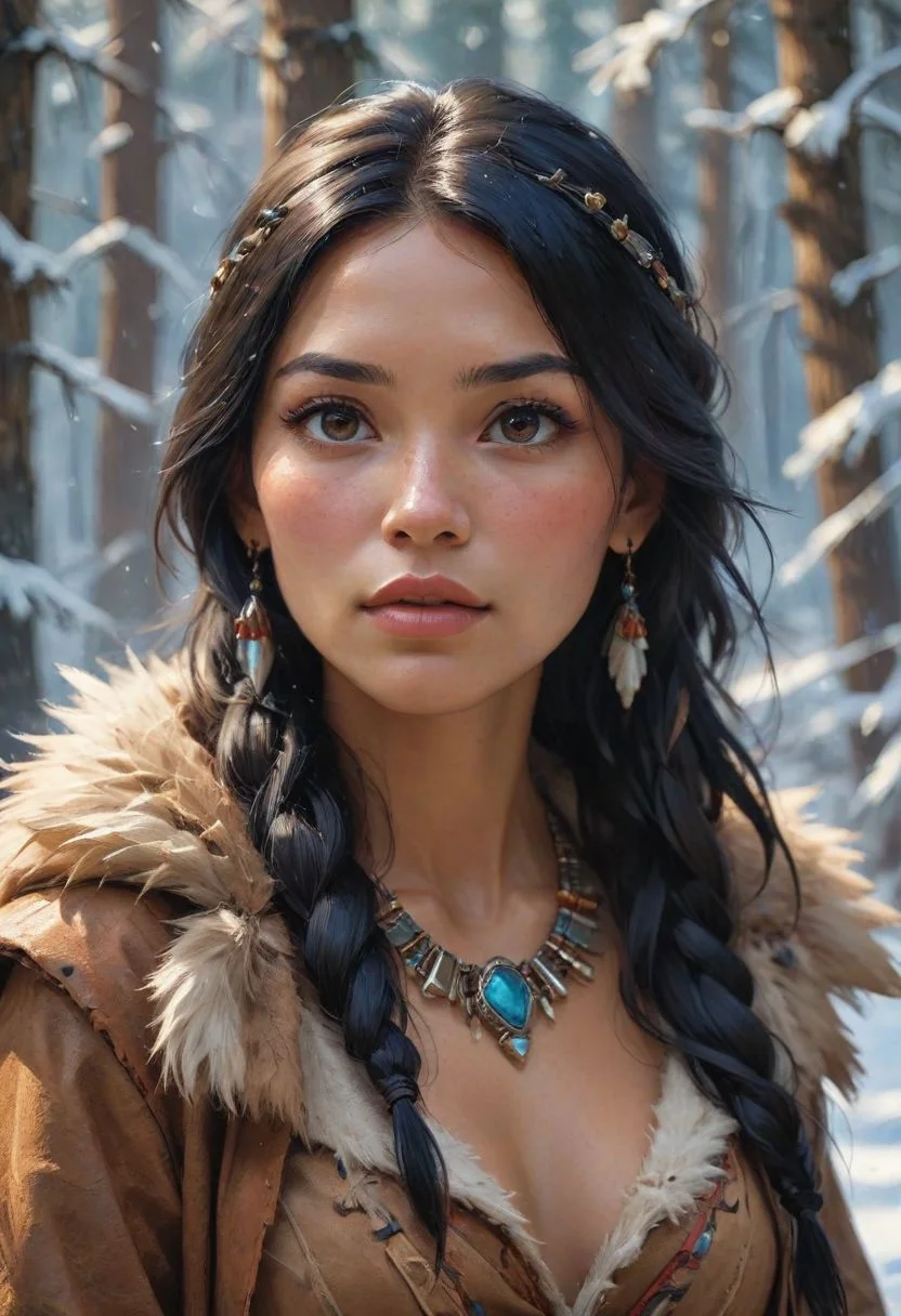 unique perspective, unique angle, comic book angle and perspective, intricate details, hyper-detailed, hyper-realistic, cinematic, depth of field, volumetric light, translucency, concept art, (low saturation:1.5),
North American forest in the winter,
Portrait, looking at viewer, Cowboy Shot, Upper Body Focus
1 mature woman,
Disney Pocahontas, Native American Woman, dark skin, long hair, strait hair, (black hair:1.4), necklace, fully covered clothing, hide jacket, hide shirt, hide skirt, sleeves, beads, fur, Native American jewelry,
(square jaw line:2), (cheekbones:2), (cheek sink:2),
24 Year Old Supermodel
Makeup, freckles, skin imperfections,
Fake Eyelashes,
fleshy big lips,
slender body,
long legs,
The art draws inspiration from NijiExpress 3D, abstract techniques, AirBrush effects, decorative details, 64k resolution popularized on Artstation, oblin academia, clayton crain, andrea kowch, daniel f. gerhartz, Karol Bak, Luis Royo, calm, andrew yang,