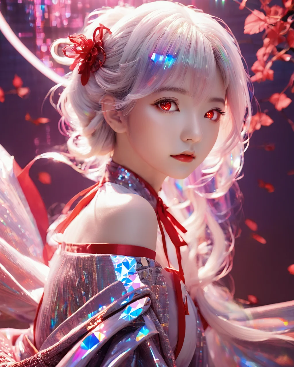 <lora:xl-holographic-å
¨æ¯V20:1>,holographic,1girl,high quality exquisite wallpaper,wide_shot,red eyes,white hair,