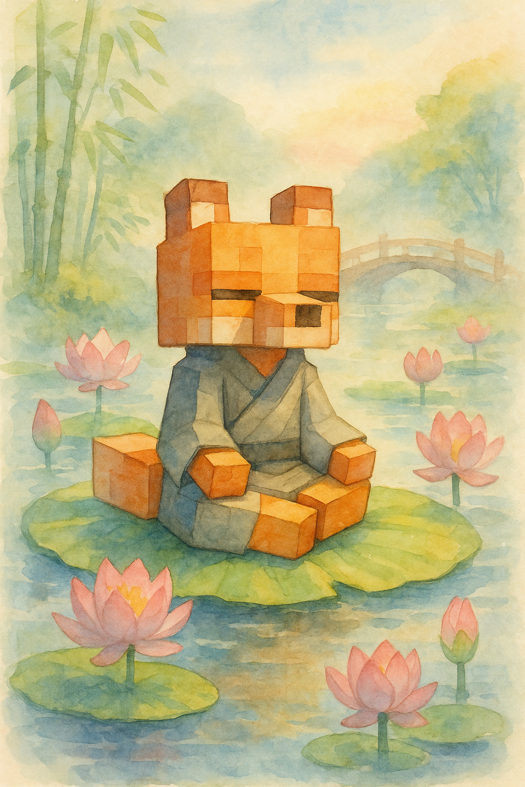 A stylized Minecraft fox meditating on a large water lily leaf, in a peaceful Asian-inspired lotus pond. The fox has a soft blocky shape, wearing a gray monk robe, eyes closed, sitting in lotus position. Surrounded by blooming lotus flowers (pink and white), with gentle fog over the calm water. A wooden Japanese bridge and bamboo trees are visible in the dreamy watercolor-painted background. Morning sunlight filters through the mist. The entire image is painted in soft watercolor style, with pastel colors, natural light, and flowing brushstrokes. The fox maintains its Minecraft-inspired design, but the scene is peaceful, artistic, and deeply spiritual.