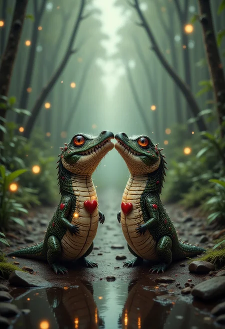 aidmaLOVEboost, aidmadalle3 , aidmaimageupgrader, a realistic digital art featuring a couple of crocodiles kissing each other lovingly