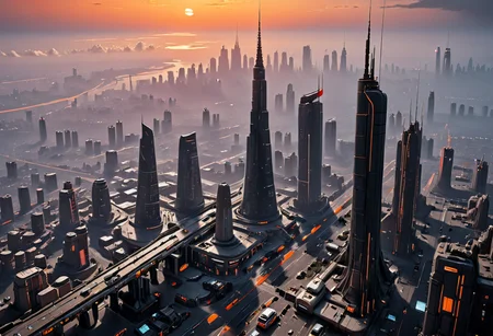 realistic, RAW photo, high quality, Stable_Yogis_PDXL_Positives, high altitude photo,photo from a height of a huge <lora:City_Worlds:0.0> citybkg, <lora:realistic godrays-GMR:0.5> godrays, rays, light rays, <lora:ck-nc-cyberpunk-IL:1> in the style of cknc,<lora:cwhyberponk:0.8> cwhyberponk vast city with <lora:D_Ewir3s SDXL lora:0.6> D_Ewir3s,<lora:City_Worlds_01b_Cars_illus:0.5> citycars_illus,<lora:ARCHILOOP:0.5> archiloop,twilight sunrise at horizon, in , featuring <lora:Bespin:1.0> Bespin,<lora:Black_Orange:1.0> Everything in black, everything in orange, black color aesthetic, orange color aesthetic, black theme, orange theme