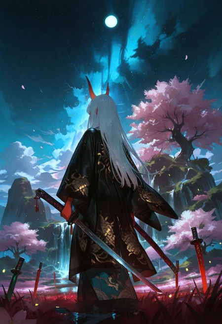 masterpiece, best quality, good quality, newest, highres, absurdres, volumetric lighting,gradient color,
BREAK
raytracing, volumetric lighting, ambient occlusion, girl, luminescent background, masterpiece, best quality, very awa, absurdres,
BREAK
Aka-Oni, oni, colored skin, (red skin:1.3), straight horns, solo, long hair, model style,
evil eyes, evil, bullying, sinister,
BREAK
masterpiece,amazing quality,best quality,ultra-detailed,8K,illustration,CG,shiny hair,clear skin,ultra-detailed-eyes, background,cute girl, eyelashes
BREAK,
black haori, overcoat, japanese clothes, cherry blossoms, mountains, meadows, scenery, blue skies, clouds, summer, bosstyle, chinese dragon, fantasy, night, starry sky, light particles, fireflies, moon, waterfall, facing away, holding sword, planted sword, katana, hands on sword,cinematic, epic, official art, bloom,
