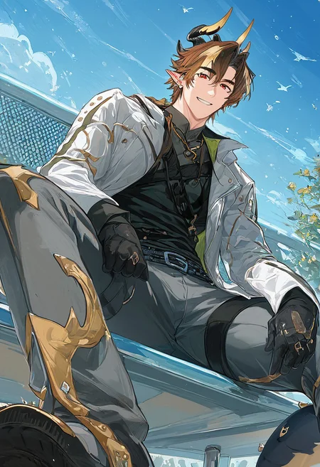 score_9_up, score_8_up, score_7_up, best quality, amazing quality, perfect eyes, best aesthetic, chongyue_alight, red eyes, streaked hair, multicolored jacket, black shirt, brown hair, grey pants, collared jacket, low ponytail, brown hair, horns, pointy ears, dragon tail, sitting on a chair, from below, smiling, looking at viewer, outside, sunny, public park