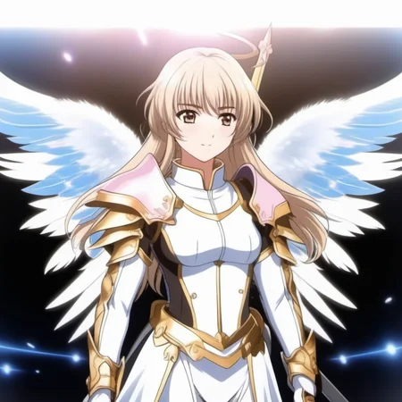 Ultra-realistic extremely detailed real life 8k masterpiece of a gorgeous holy knight woman wearing white and gold holy armor with armored angel wings saving a village, epic background, extremely detailed eyes mouth and facial features, breathtaking epic lighting, cinematic composition, sakura wars anime style <lora:sakura wars anime style:0.8>