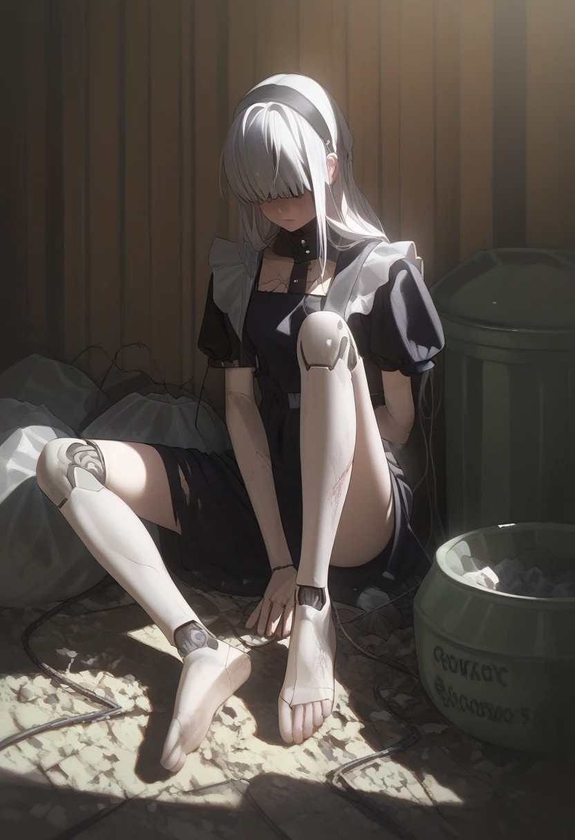 abbystea style, detailed,masterpiece,score_9,score_8_up,score_7_up,score_6_up,1girl,female, solo,anime,white hair, long hair,blue eyes,metal skin,wire,(cracked skin),melancholy,joints,android,mechanical parts,dark,sitting,trash bag,trash,slums,dirty,clutter,sad,barefoot,poverty,catharsis,cracked face, fullbody, sunlight,black dress, maid outfit, puffy sleeves,source_anime, outdoors, sad face, close up, ripped clothes, large breasts, hands, wires, clothing cutout, postapocalypse, greenery, covered eyes, blindfold