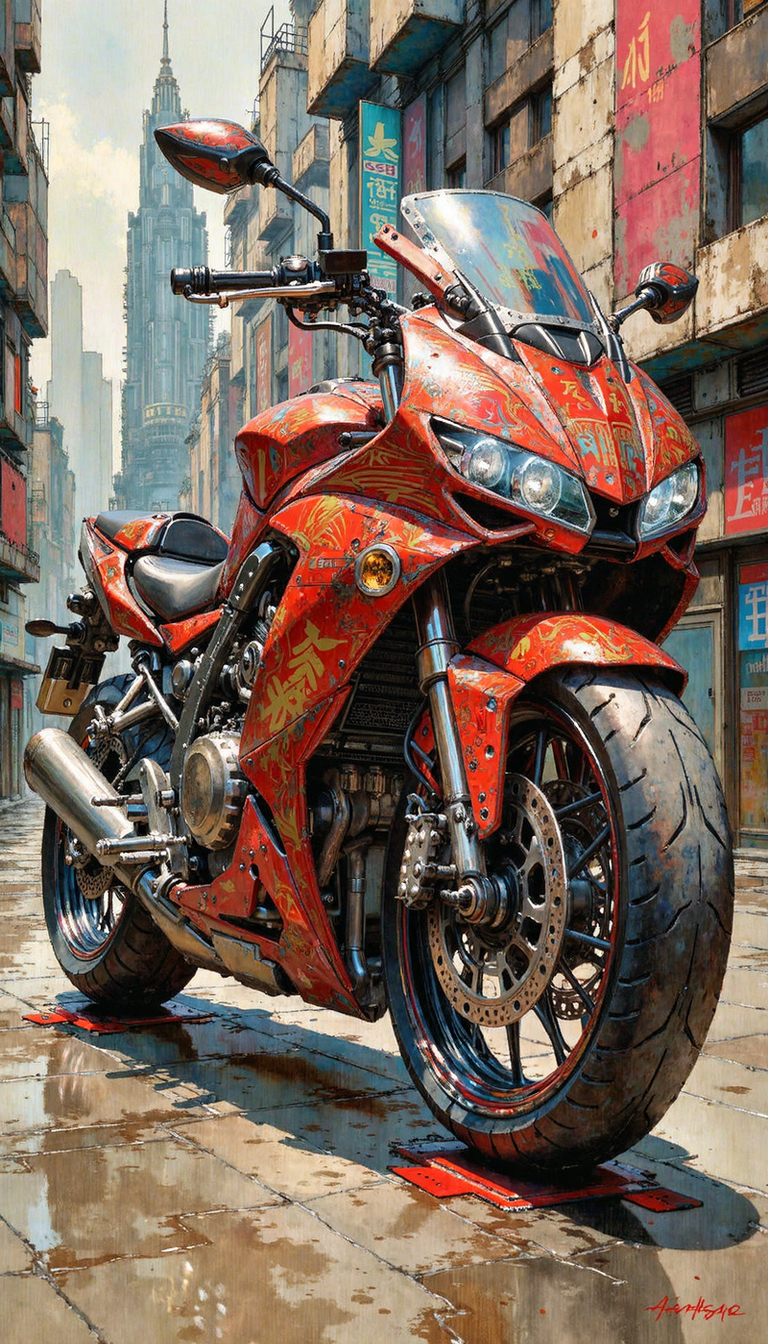 watercolor style,ARCHSLRA,a hand-drawn sketch and watercolor style,drk,intense opalescent inlay style, A hyperrealistic depiction of a crimson cyberpunk motorcycle, adorned with inscrutable kanji and esoteric markings. Render the machine with meticulous detail, emphasizing its sleek, predatory lines and imposing presence. Employ a low-angle shot to accentuate its power, with a shallow depth of field to draw the viewer's gaze towards the intricate machinery. Bathe the scene in the warm, diffuse glow of an urban afternoon, with the fading sunlight casting long shadows across the pavement. The backdrop should hint at a bustling cityscape, a tapestry of neon signs and towering chrome structures, blurred yet evocative.  The motorcycle dominates the foreground, a monument to technological prowess in a world on the cusp of transformation.