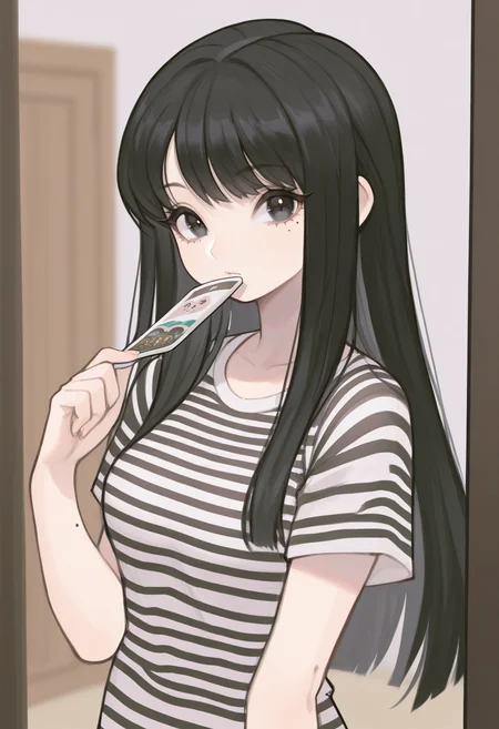 masterpiece, best quality, <lora:Alpaca:1> 4lp4c4, 1girl, solo, mole, long hair, shirt, striped, holding, upper body, looking at viewer, bangs, short sleeves, black hair, black eyes