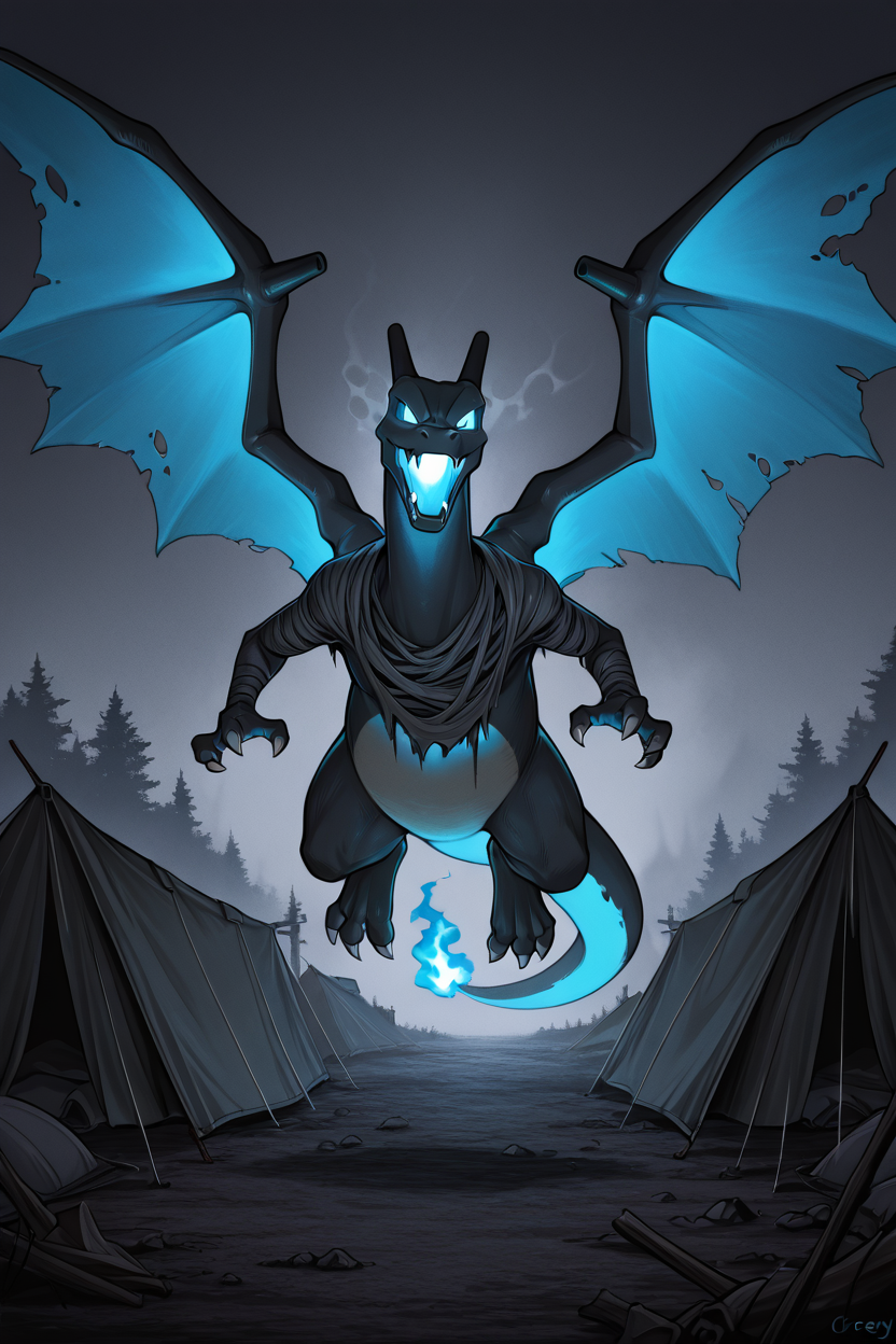 masterpiece, best quality,   <lora:CharizardPokedexIXL:1.0>,   no humans, solo, dynamic pose,  Charizard wearing tattered carnival clothing, eerie makeup, ghostly figure, creaky ride, foggy atmosphere, abandoned tent, unsettling clown, haunted attraction