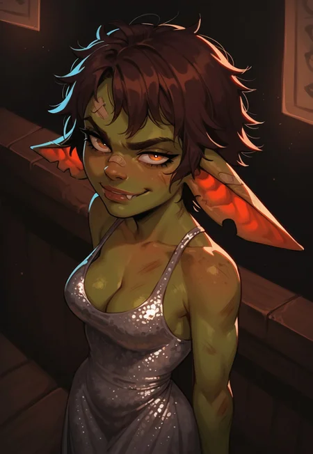 score_9, score_8_up, score_7_up, score_6_up, goblin, green skin, medium breasts, nightclub background, bar, night, flirty, g0thicPXL, tomboy, brown hair, messy hair, sequined dress, silver dress, side view, glowing, cleavage focus, smirk, (shortstack:0.5), skinny, toned body, torn dress, notched ear, from above, bandaid, dirty, smudges
