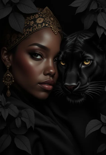 A highly detailed, digitally rendered close-up portrait centers on the intense gazes of a woman of African descent and a sleek black panther, their faces perfectly aligned to command attention. The woman’s dark, flawless skin glows softly under diffused lighting, accentuating her regal features—high cheekbones, a symmetrical face, and piercing eyes framed by dramatic, smoky makeup. Her deep crimson lips and an intricate gold filigree headdress add a touch of opulence, while oversized, ornate earrings complete her majestic look. Beside her, the black panther presses close, its velvety, midnight-black coat shimmering subtly as its golden eyes lock onto the viewer with an equally powerful intensity. The panther’s face is captured in exquisite detail, from its alert ears to its sharp, whiskered profile, perfectly complementing the woman’s poised expression. Black leaves frame the duo, their angular and textured shapes adding depth and contrast to the composition. The alignment of their faces, enhanced by soft lighting and the monochromatic palette, creates a visually striking connection, blending raw animal power with human elegance in a unified, commanding presence.
