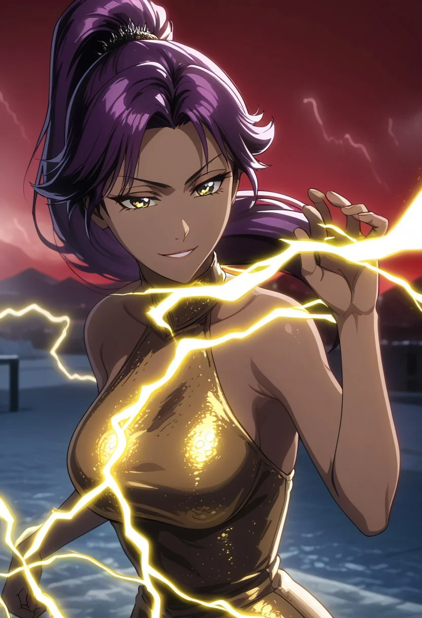 long hair, black pupils, purple hair, ponytail, dark skin, dark-skinned female, high ponytail, yellow eyes, high ponytail, high definition, detailed eyes, TiteKuboStyle, TiteKuboAnimeStyle, BleachTybwStyle, vslinxbleachtybw
OUTFIT:
gold dress. highly detailed,, long black gloves, highres, high quality, best quality, volumetric lighting, UHD, skin texture, skin detail, high quality skin, highly detailed.
BEHAVIOR:
mature female, dutch angle, beautiful face, portrait, medium breasts, body surrounded by electric discharges, arms open, blood on face, dancing, solo, aura, high angle, sexy smirk, narrowed eyes.
BACKGROUND:
ice, frozen city, very cold, very steam, storm, volcanoes, eruptions, dark atmosphere, chain lightning,yellow electricity, electrocution, yellow lighting, big moon, red sky, night day, darkness.