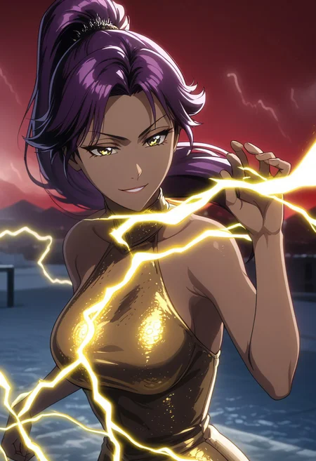 long hair, black pupils, purple hair, ponytail, dark skin, dark-skinned female, high ponytail, yellow eyes, high ponytail, high definition, detailed eyes, TiteKuboStyle, TiteKuboAnimeStyle, BleachTybwStyle, vslinxbleachtybw
OUTFIT:
gold dress. highly detailed,, long black gloves, highres, high quality, best quality, volumetric lighting, UHD, skin texture, skin detail, high quality skin, highly detailed.
BEHAVIOR:
mature female, dutch angle, beautiful face, portrait, medium breasts, body surrounded by electric discharges, arms open, blood on face, dancing, solo, aura, high angle, sexy smirk, narrowed eyes.
BACKGROUND:
ice, frozen city, very cold, very steam, storm, volcanoes, eruptions, dark atmosphere, chain lightning,yellow electricity, electrocution, yellow lighting, big moon, red sky, night day, darkness.