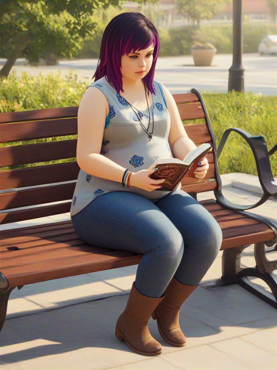 score_9,score_8_up,score_7_up, score_6_up, BREAK, sitting on park bench, reading book, college courtyard
 <lora:aly55aLIS_PDXL:0.8> aly55aLIS, chunky female, small breasts, dark hair, purple highlights, blue eyes, painted nails, multiple necklaces, bracelets, grey floral tanktop, blue bra,oversized tanktop, denim pants, tan boots