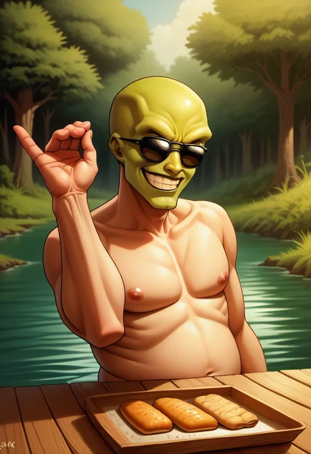 score_9, score_8, score_7, score_6, ((saltbae, saltbaememe, salt, sunglasses:1.5)), flesh, \(The mask\), green skin, green face, topless, smirk, wetland, swamp, dirt, food, fish, 1boy, solo, crazy eyes, wicked grin, psychopath, colorful, upper body,