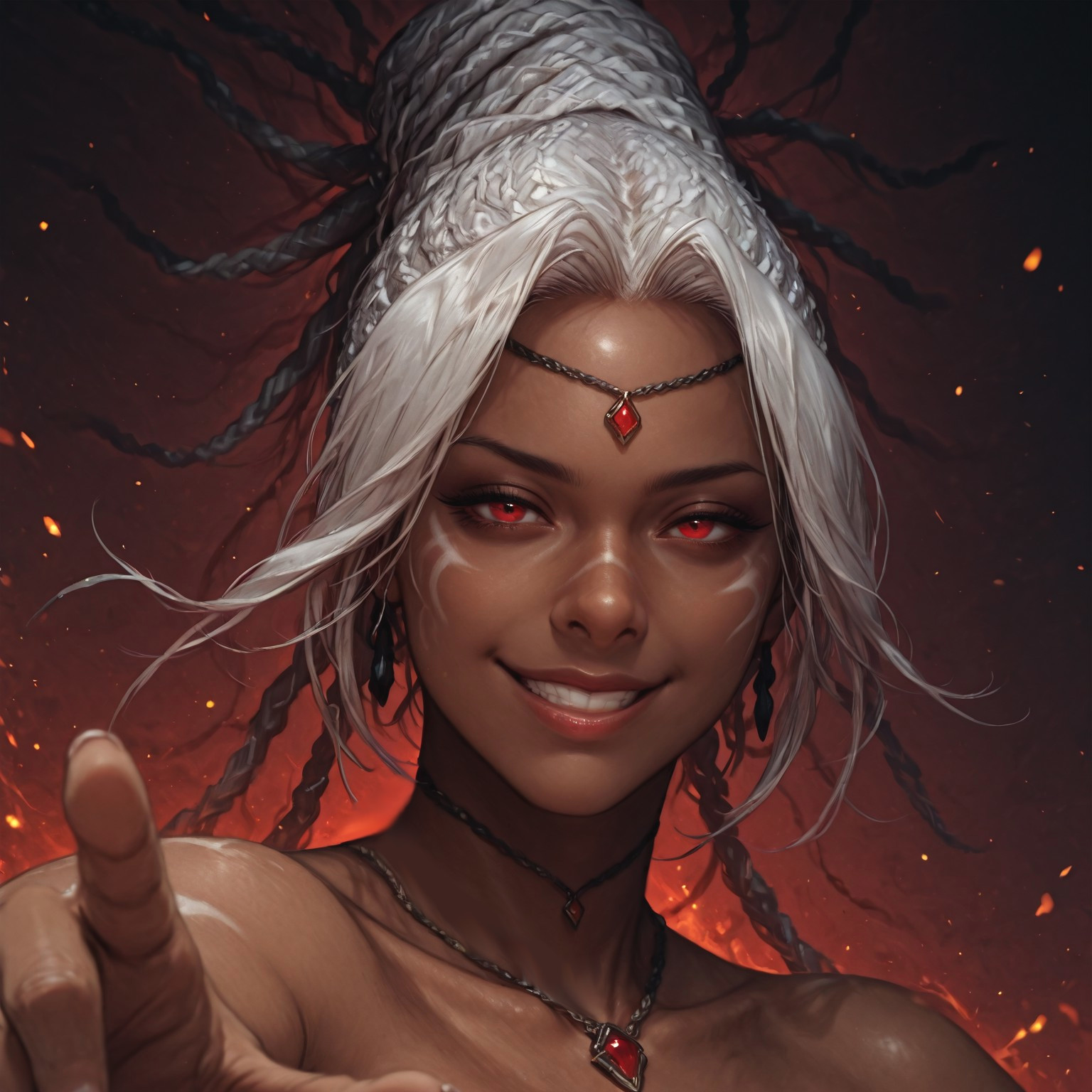 close-up, (portrait), ((grin, half-closed eyes:1)), BREAK safe_pos, safe_pos, masterpiece, best quality, newest, solo, 1girl, Tatloch, dark-skinned female, grin, looking at viewer, hands, red eyes, white hair, long hair, braid, dreadlocks, mature female BREAK, fire,