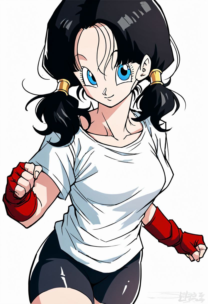 score_9_up, score_8_up, score_7_up, Score_6_up, Score_5_up, Score_4_up, source_anime, (masterpiece, perfectly detailed, detailed face, detailed eyes, beautiful eyes), (ultra HD quality details), 8K, extremely detailed, highres, Mevak_PS, videldbz, black hair, blue eyes, 1girl, bike shorts, black hair, blue eyes, breasts, closed mouth, fingerless gloves, gloves, long hair, looking at viewer, shirt, simple background, smile, solo, twintails, white background, white shirt