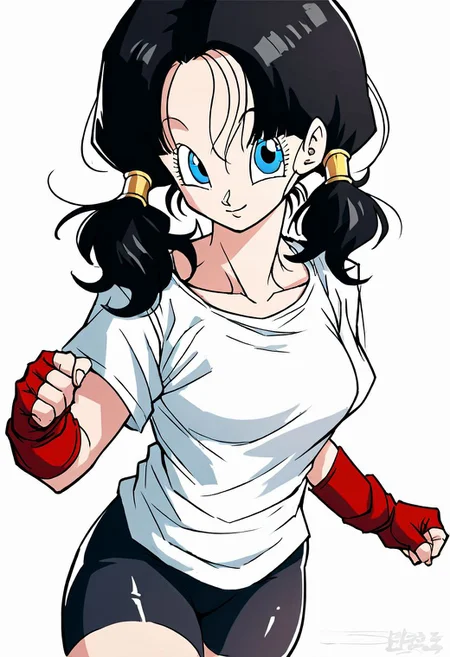 score_9_up, score_8_up, score_7_up, Score_6_up, Score_5_up, Score_4_up, source_anime, (masterpiece, perfectly detailed, detailed face, detailed eyes, beautiful eyes), (ultra HD quality details), 8K, extremely detailed, highres, Mevak_PS, videldbz, black hair, blue eyes, 1girl, bike shorts, black hair, blue eyes, breasts, closed mouth, fingerless gloves, gloves, long hair, looking at viewer, shirt, simple background, smile, solo, twintails, white background, white shirt