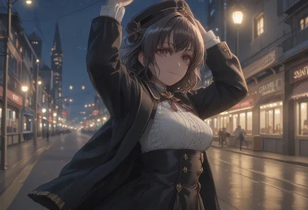 score_9, score_8_up, score_7_up, score_6_up, score_5_up, score_4_up, source_anime great lighting,detailed eyes,HairDetail,high definition eyes,
MagiaBaiser_Full, 
lips,cute,black coat,  frilled shirt,center frills,medium breasts,underbust, holding, standing, outdoors,  blurry, from side,night, depth of field, dynamic pose, teasing smile,NIGHT, city, train station,turning back,looking at viewer, black highheel,arms open,full_body,