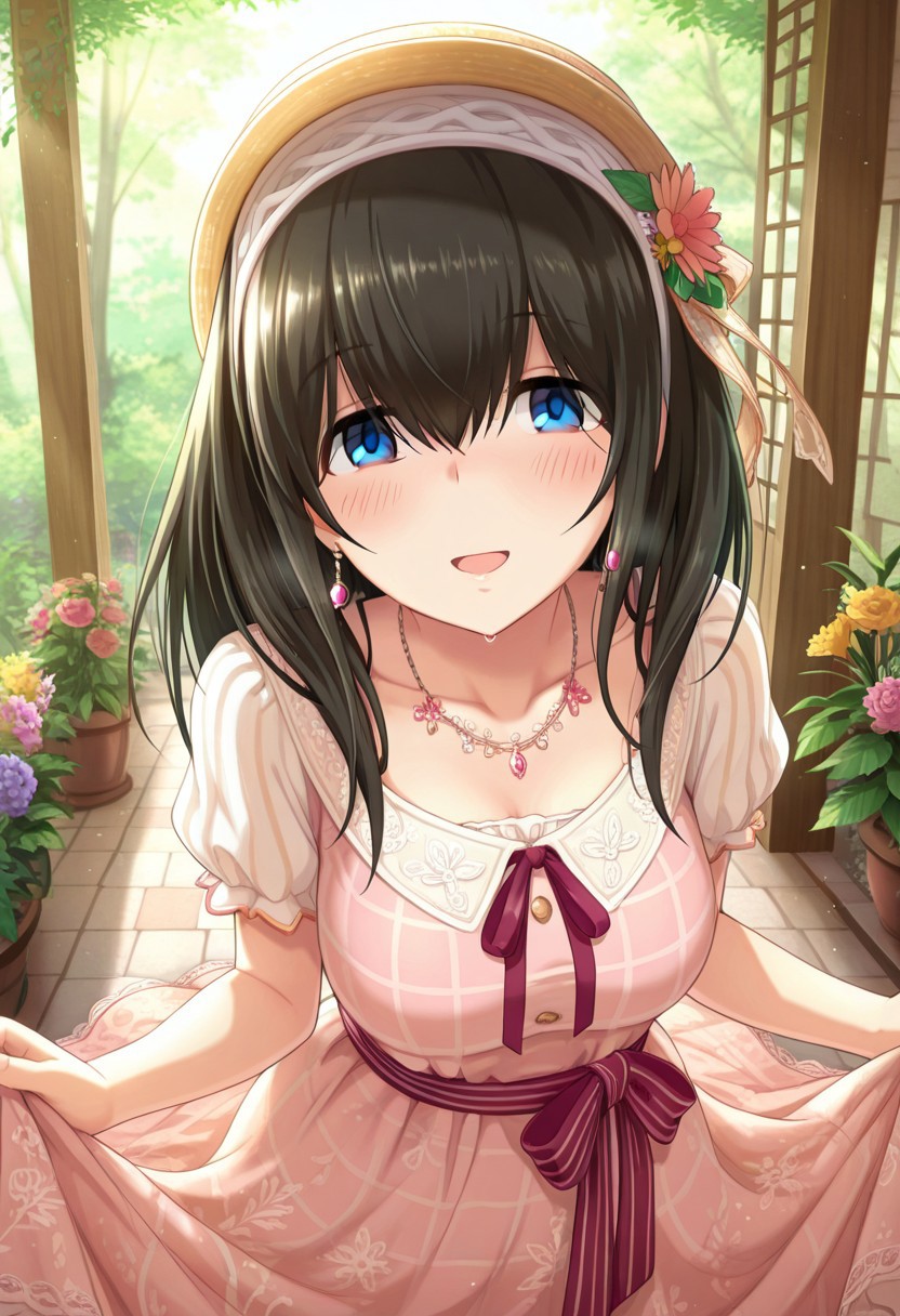 masterpiece,best quality,amazing quality, sagisawa fumika, black hair, blue eyes, 1girl, solo, dress, hat, smile, earrings, flower, jewelry, ribbon, blush, open mouth