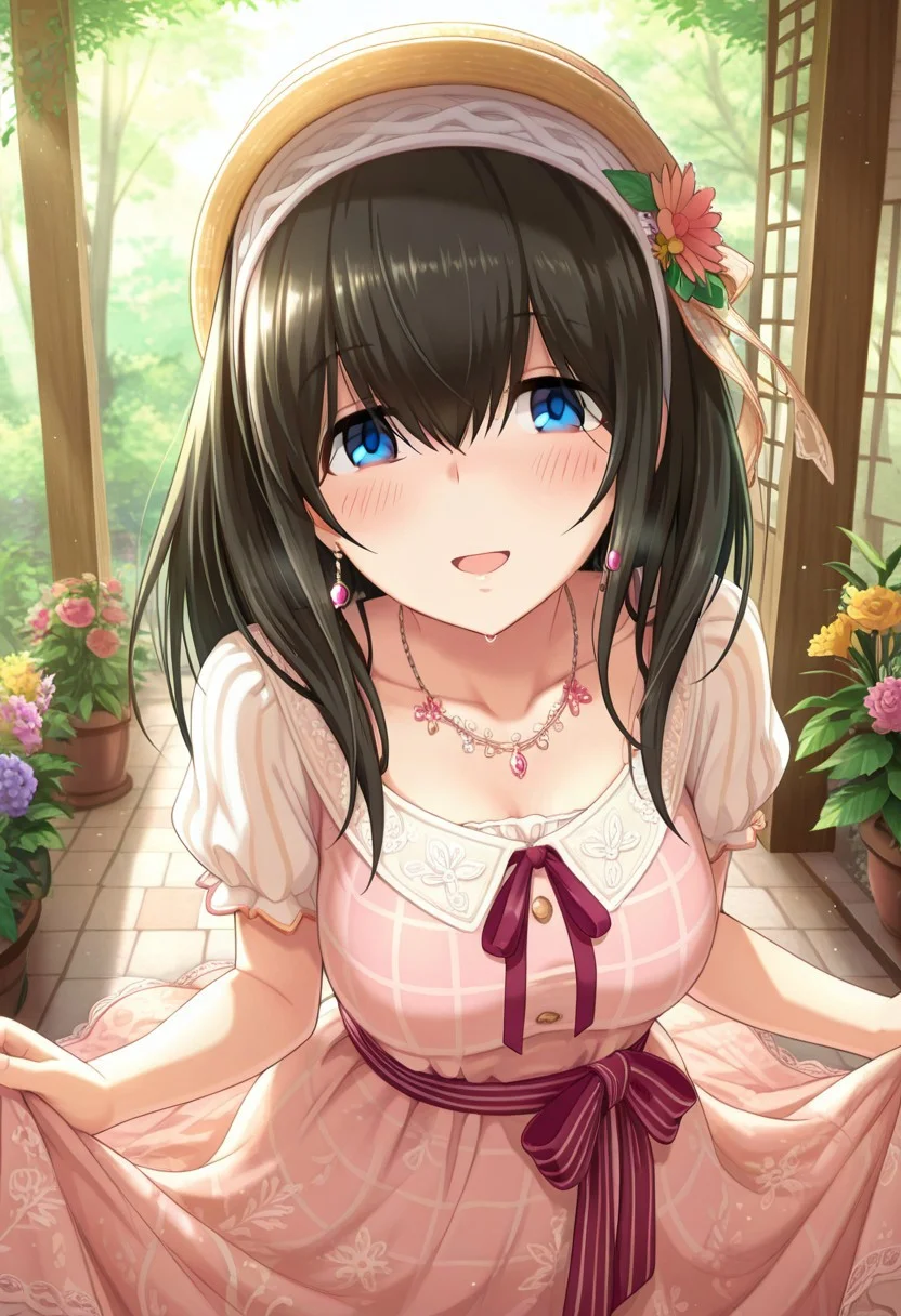 masterpiece,best quality,amazing quality, sagisawa fumika, black hair, blue eyes, 1girl, solo, dress, hat, smile, earrings, flower, jewelry, ribbon, blush, open mouth