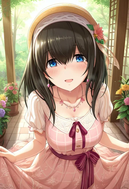 masterpiece,best quality,amazing quality, sagisawa fumika, black hair, blue eyes, 1girl, solo, dress, hat, smile, earrings, flower, jewelry, ribbon, blush, open mouth