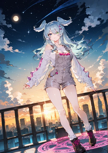 zPDXL3 Real score_9, score_8_up, score_7_up, score_6_up source_anime, highly detailed, sharp, intricate details, rating_safe rating_sensitive, rating_explicit, masterpiece, best quality, good quality, bright eyes light particles lens flare amazing quality, very aesthetic, very awa, absurdres, newest,
<lora:yoneyamaiXLNBVP1lokrV6311PZ:0.5>, <lora:thick_eyelashes_illustrious_20K:0.5>
<lora:nhl-001:0.4> nhl-001 film grain multicolored background <lora:ponyv4_noob1_2_adamW:0.4>
medium breasts, dynamic pose, dynamic angle,
optical illusion, ssambatea, quasarcake, Fishine, arutera, soresaki, reoen, sanbonzakura, askzy, negative space, see-through, made of, neon light, detailed background,
niji-pendora,large breasts,heterochromia,green eye,symbol pupils,+_+,blue-green hair,streaked hair,head wings,long hair,hair ornament,x hair ornament,hair over one eye,covered one eye,
niji-pendoracos1,grey overalls,short overalls,white sweater,long sleeves,sleeves past fingers,sleeves past wrists,single off shoulder,white socks,short socks,
outdoors, fantasy, scenery, sky, cloud, starry sky, moon, night, fantasy, night sky, city, building, cloudy sky, cityscape, sunset, tower, shooting_star, magic circle,
<lora:niji-elira:0.7>
