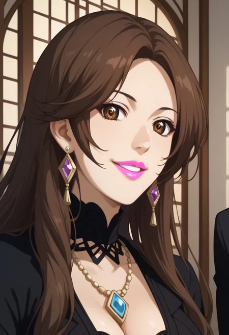 score_9, score_8_up, score_7_up, Expressiveh, detailed face, perfect face, detailed eyes, (pink lipstick:1.5)
tsubaki sawabe, (very long hair:1), bangs, brown hair, brown eyes, (japsale:2), jewelry, (necklace:1.5), (long earrings:1.5), (large breasts:1.5)
In a dimly lit, opulent jewelry store nestled within the heart of Tokyo, the camera focuses on a woman with cascading black dresses and a radiant smile that lights up her face. Her eyes sparkle with a captivating grin as she stands before an exquisite display of diamonds, her elegant form clad in tailored black pants and a sleek blouse, the spotlight casting a dramatic contrast between her and the glistening jewels behind her. The camera angle slightly elevated from the ground, emphasizing tsubaki's allure as she invites viewers to join her in a tantalizing exploration of luxury and fashion.
