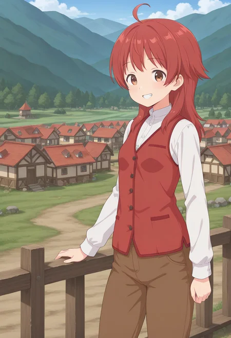 1girl, solo, hannalbdilus, red hair, medium hair, ahoge, brown eyes, white shirt, long sleeves, red vest, brown pants, standing, outdoors, village, grin, looking at viewer, cowboy shot,