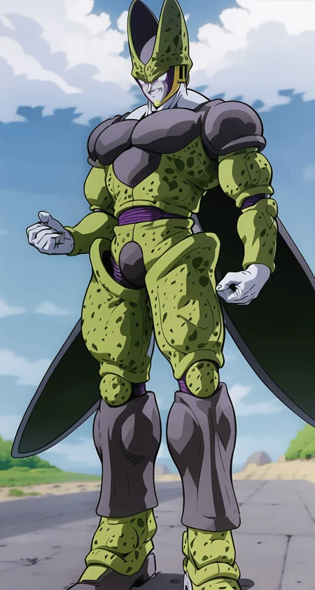 1boy, perfect_cell, full_body, masterpiece, grin, front_view <lora:Cell:1>   NOTE: The face was inpainted.