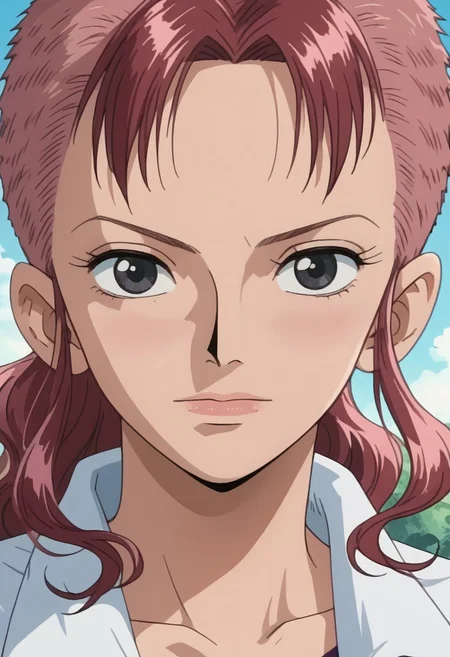 score_9, score_8_up, score_7_up, source_anime, rating_safe, BellemereOP, pink-red_Bellemere_hair, black_Bellemere_eyes, 1girl, female focus, anime screencap,