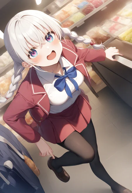 1girl,sincos, ningen mame, toosaka asagi,solo,medium breasts,school uniform,
adjusting footwear,adjusting clothes,putting on shoes,shoes,<lora:adjustingfootwear_XL_v1:0.8>
dutch angle, full body, looking up, white hair, pink eyes,kubrick stare, shopping center, open mouth, twin braids hair,,
best quality, very aesthetic, absurdres