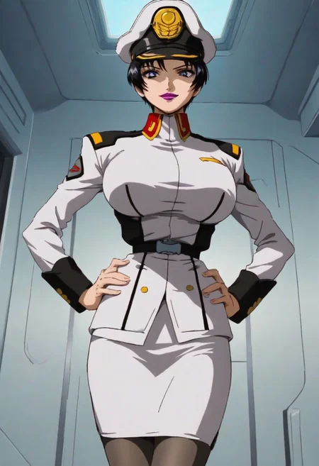 score_9, score_8_up, score_7_up, zPDXL3, Expressiveh, source_anime, anime screencap, anime coloring, natarle, 1girl, solo, blue sky, purple eyes, black hair, short hair, purple lips, perfect face, detailed face, perfect lips, ultra-detailed eyes, detailed hair, (perfect anatomy, perfect proportions), large breasts, bursting breasts, ultra-narrow waist, ultra-fit figure, ultra-flared hips, shapely legs, peaked cap, military uniform, skirt, pantyhose, boot, indoors, detailed backgrounds, science fiction, naval ship interior,naval warship interior, no windows, opened hatch door, standing in the doorway, narrow corridors, hands on hips, watson cross, contraposto, confident, smirking, looking at viewer, viewed from below, breasts focus