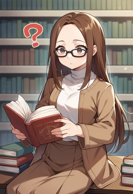 score_9, score_8_up, score_7_up, source_anime BREAK 1girl, solo,
<lora:zs_ChihiroXL:1> chihirop3, brown hair, long hair, glasses, brown coat, white turtleneck, brown skirt
library, sitting, reading book, ?,