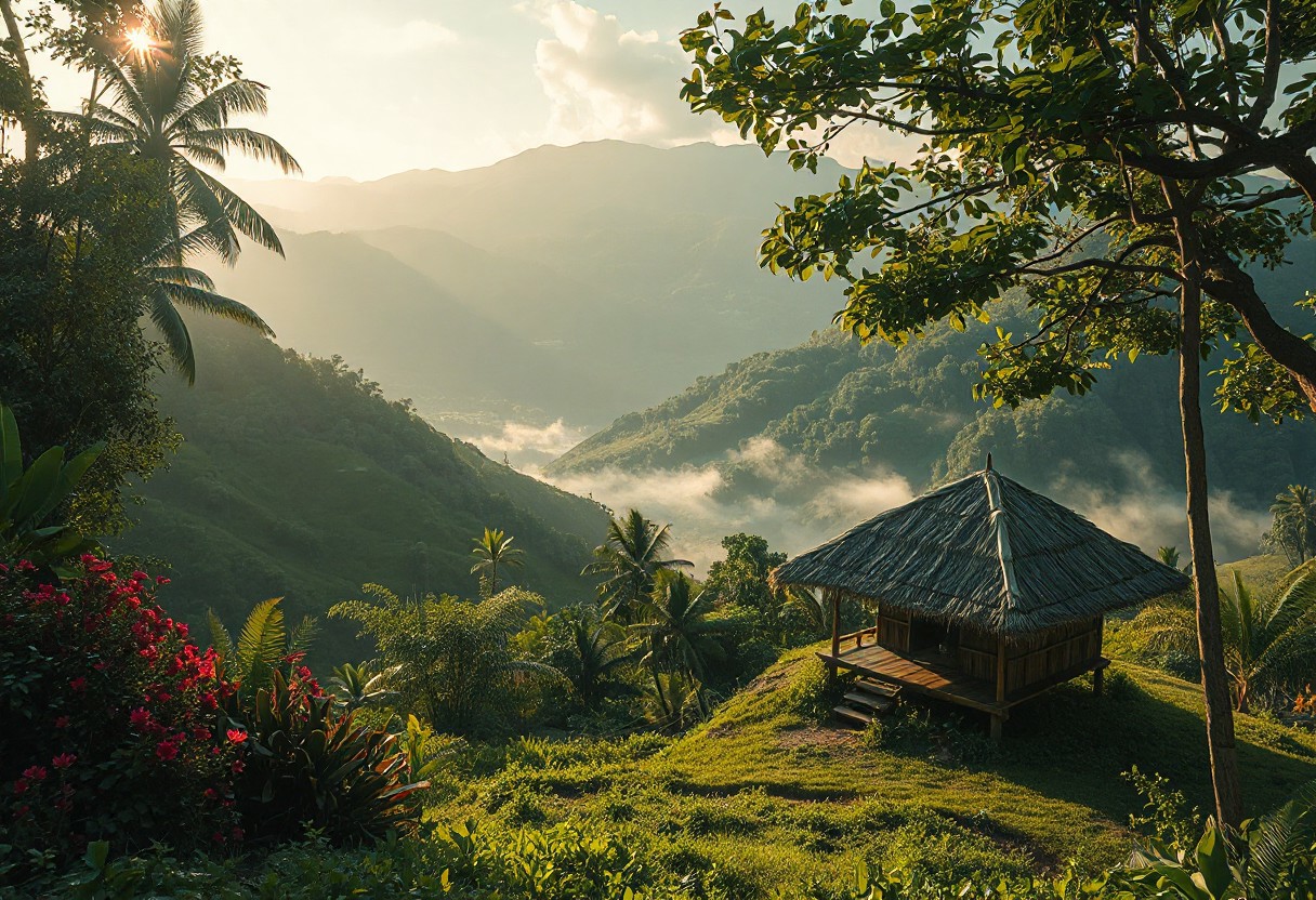 A serene, picturesque valley in the Philippines with lush greenery, gentle sunlight filtering through tropical trees. A traditional Nipa hut (Filipino bahay kubo) sits peacefully on a hilltop or slope, overlooking a majestic mountain range in the background. The hut is made of bamboo and thatched palm leaves, surrounded by vibrant flowers and native vegetation. Mist rises gently from the valley below. Soft golden-hour lighting enhances the tranquil atmosphere. Realistic, high detail, cinematic quality.