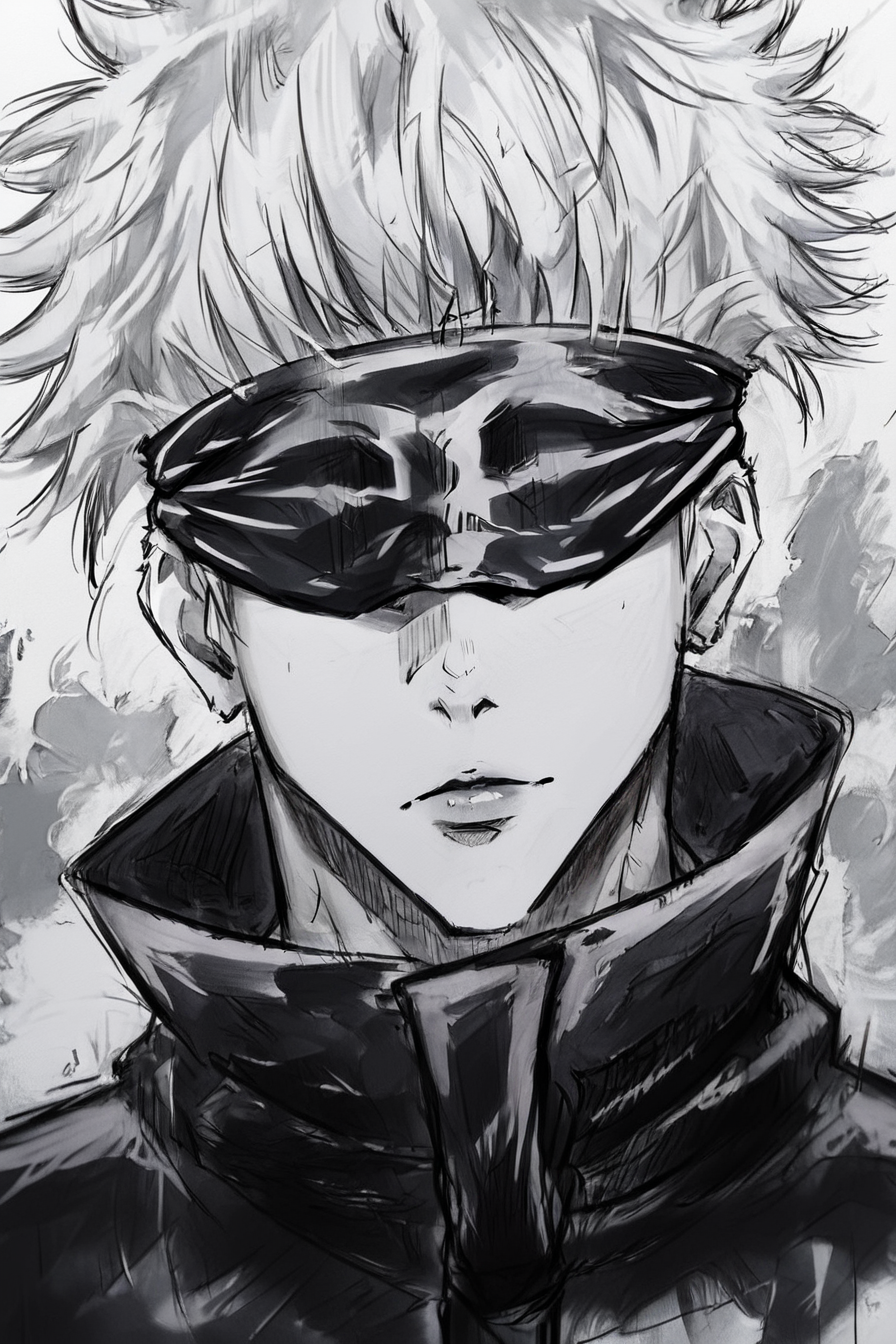 score_9, score_8_up, score_7_up, score_6_up, score_5_up, score_4_up,<lora:GojoSatoruPony:0.8> SatoruGojo, white hair, high collar, blindfold, covered eyes, black blindfold, purple jacket, pants, <lora:drawing_style_pony:0.8>, drawing_style, drawing, sketch, 1boy, looking at the viewer, solo, alone, lines drawing, monochrome, greyscale, masterpiece, highres